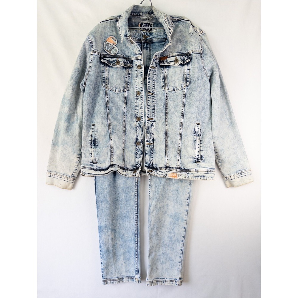 Born Fly‎ Denim Set Jacket Jeans 2XL 40 Blue Light Wash Patchwork Distressed